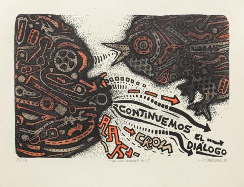 Diálogo cromañónico (P-T). Litografía a color. 46 x 58 cm.1991