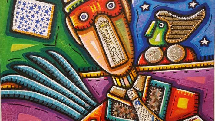 Obra en portada Final de la fiesta, collage sobre acrílico, 100 x 70 cm. Obra en portada Final de la fiesta, collage sobre acrílico, 100 x 70 cm.