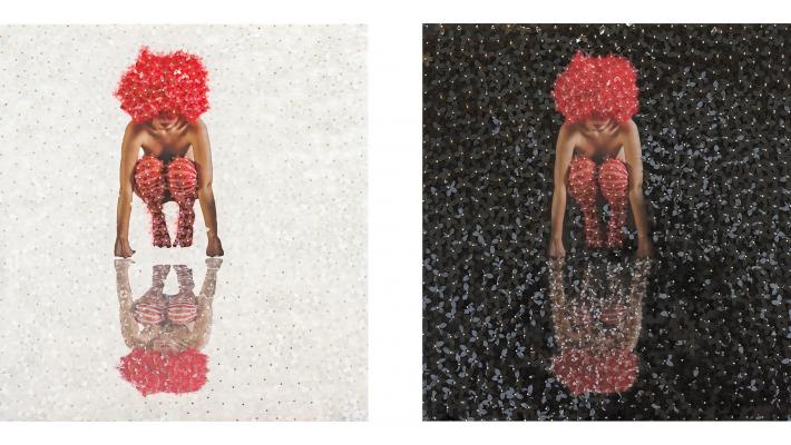 Mabel Poblet,´Deconstruida´, 2019, 50 x 50 cm cu, fotografía sobre pvc, flores cortadas en acetato díptico.